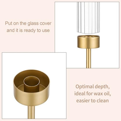 Garvee Gold Hurricane Candle Holders Set of 3, Taper Candlestick Holders with Ribbed Glass Cylinder Sleeves, Elegant Table Centerpiece for Wedding, Birthday, Christmas, Home Decor - size: 3