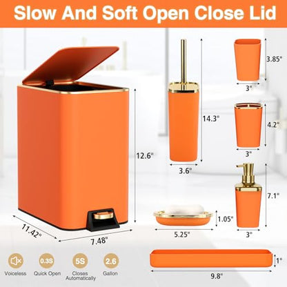 XLHOMO Bathroom Accessories 8 Piece Orange and Gold Bathroom Set, Bath Accessories with Stainless Steel Trash Can,Toilet Brush,Toothbrush Set,Soap Dispenser - size: Orange, style: Bath Set