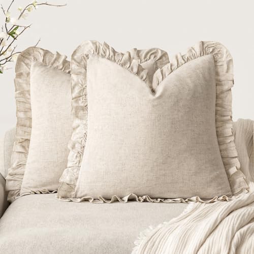 Foindtower Set of 2 Decorative Soild Fringe Ruffle Throw Pillow Covers Soft Boho Farmhouse Cushion Cover Cozy Accent Retro Pillowcase for Couch Sofa Bed Living Room Home Decor,22×22 Inch,Natural Beige - color: Natural Beige, size: 22" x 22" (Pack of 2)
