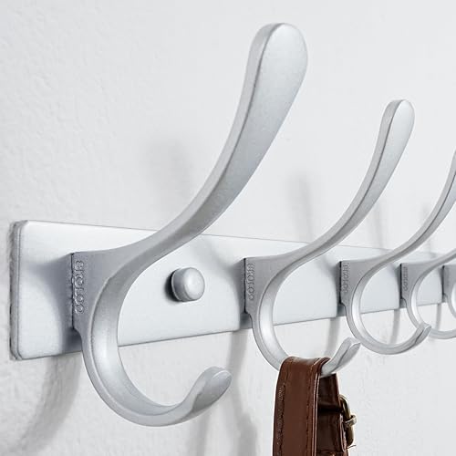 SKOLOO Coat Rack Wall Mounted - 6 Hooks, Pack of 2, Heavy Duty, Stainless Steel, Metal Wall Hanger, Sturdy Coat Hooks for Hanging Coats, Jacket, Clothes, Hat, Cold Light Silver - color: Matte Silver, size: 6 Hook(2 Pack)