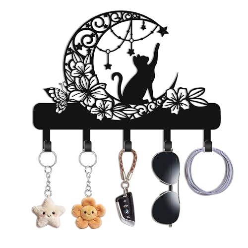 Cat Key Holder for Wall, Cat on Moon Entryway Decorative Key Hooks | Cat with floral moon & star design, 6 hooks 13.4" x 9.5", for keys, entryway, cute storage & wall decor gift.