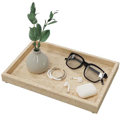 Marble Tray Bathroom, Pure Natural, 11.8x7.9x1.2 in, Travertine | Rectangle Vanity Tray, Travertine Tray, Decorative Countertop Organizer for Jewelry, Cosmetics, Candles, Lotion - color: Travertine