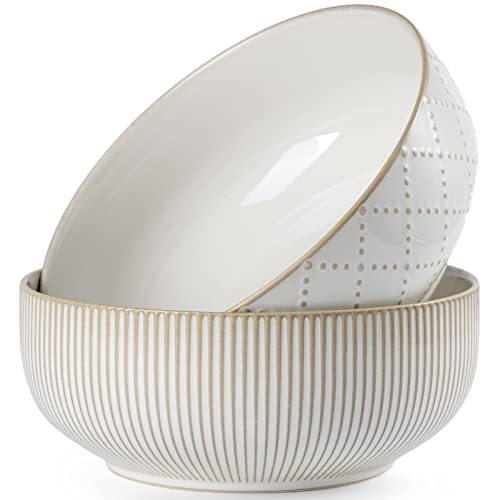 getstar Large Serving Bowls (8 inch & 60 fl oz), Ceramic Salad Bowl Set of 2, Microwave and Dishwasher Safe, Farmhouse Kitchen Decorative Bowls Set - color: Embossed Checks & Stripes, size: 8"