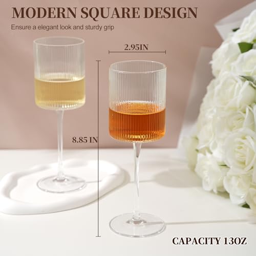 LUXULISH Ribbed Square Wine Glasses Set of 6, Vintage 13Oz White Red Wine Glass, Hand Blown Crystal Wine Glasses - Gifts for Women, Men, Wedding, Anniversary, Christmas, Birthday