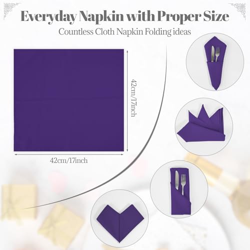 PLOYMONO Purple Cloth Napkins - 8 Pack 17" x 17" Washable Polyester Napkins | Heavy Duty 180 GSM Cloth Napkins with Hemmed Edges - Great for Restaurants, Weddings, Parties, Banquets Dinner - color: Purple