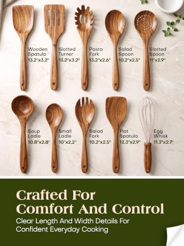 AIUHI 10 Pcs Wooden Spoons for Cooking, Teak Wooden Utensil Set for Nonstick Cookware, Wooden Kitchen Utensils Set with Whisk and Spaghetti Server