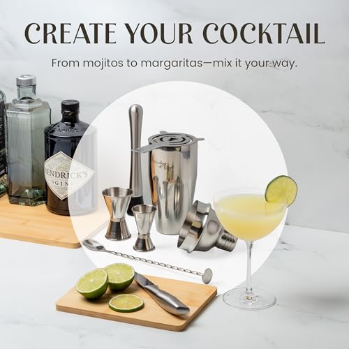 Mixology & Craft Rustic Cocktail Shaker Set – Includes Wood Stand, Complete Barware Kit with 24 Oz Shaker, Dual Jiggers, Pourers, Muddler, Strainer – Perfect for Home Bartenders (Silver) - color: Silver