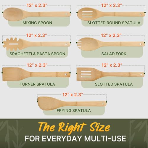 Wooden Utensil Set, Bamboo Utensils – 7 PCs Wood Spoons for Cooking | Lightweight, Easy to Clean, Sturdy & Heat Resistant – Food-Safe, Multipurpose for Stirring & Serving - size: 7 Pieces