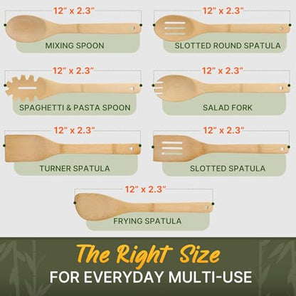 Wooden Utensil Set, Bamboo Utensils – 7 PCs Wood Spoons for Cooking | Lightweight, Easy to Clean, Sturdy & Heat Resistant – Food-Safe, Multipurpose for Stirring & Serving - size: 7 Pieces