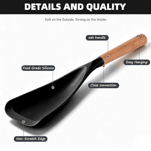 Cooking Spoon for Nonstick Cookwares, Multifunction Spatula Spoon, Great for Both Cooking and Serving, Wood Handle Spoon for Stirring, Mixing, Serving (2, BLACK) - color: Black