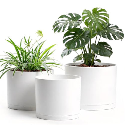 10/9/8 Inch Plant Pots 3 Pack, with Drainage Hole & Saucers | Cylindrical plastic planters with drainage holes & saucers. Modern matte finish, lightweight & durable for indoor/outdoor use - color: Matte White