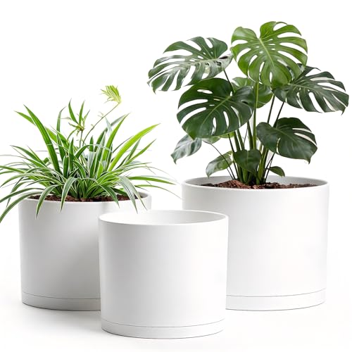 10/9/8 Inch Plant Pots 3 Pack, with Drainage Hole & Saucers | Cylindrical plastic planters with drainage holes & saucers. Modern matte finish, lightweight & durable for indoor/outdoor use - color: Matte White