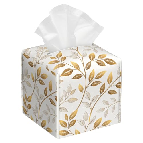 Glod Eucalyptus Leaves Tissue Box Cover Square,Vintage Colorful Leaf Leather Tissue Box Holder Decorative Facial Cube Paper Cover Case Organizer for Bathroom Night Stands Desk Home - color: Color5