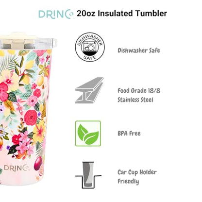 Drinco - 20 oz Stainless Steel Tumbler | Double Walled Vacuum Insulated Mug With Lid, 2 Straws, For Hot & Cold Drinks (20oz Tropical Bloom) - color: 20oz Tropical Bloom