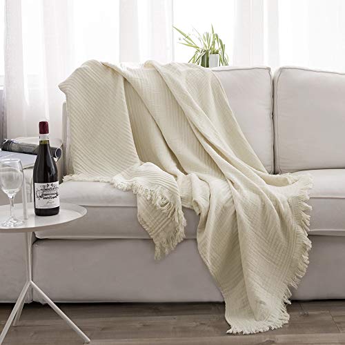 Simple&Opulence Cotton Muslin Throw Blanket for Bed, Couch, Knit Woven Gauze Blanket with Tassels, Soft Lightweight Cozy Pre-Washed Breathable Farmhouse Decoration for All-Season (Cream) - color: Cream