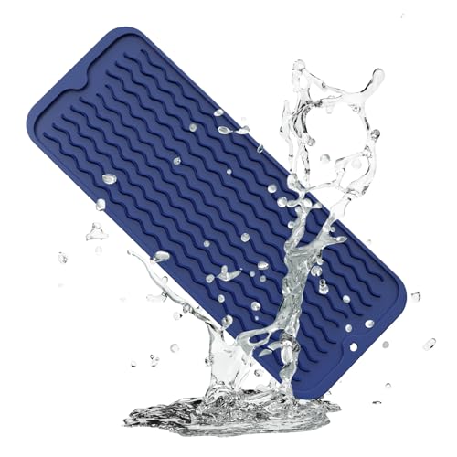 ZLR Small Dish Drying Mat for Kitchen Counter, 6"x17", Midnight Blue | Narrow Silicone Drainer for Apartment, Dorm & RV, Wavy Ridges Quick-Dry, Non-Slip, Rolls Up, Dishwasher Safe - color: Midnight Blue, size: 17" x 6"