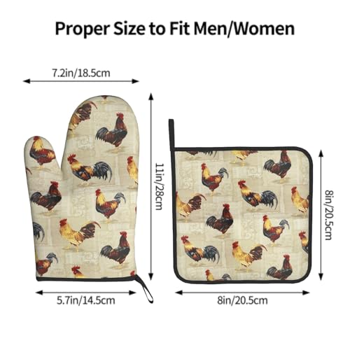 Rustic Rooster Oven Mitts and Pot Holder Set of 2 Farm Animal Print Heat Resistant Gloves Hot Pads for Kitchen Grilling Baking Cooking BBQ - color: Rustic Rooster