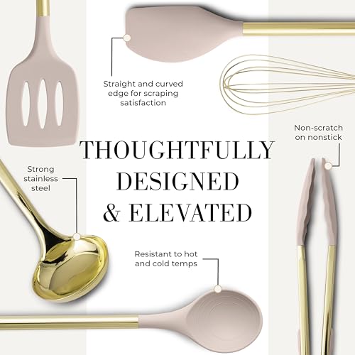 Styled Settings Beige & Gold Kitchen Utensils Set, 7-Piece | Silicone Cooking Utensils for Cooking, Serving, & Hosting - Ideal for Nonstick Cookware, with Gold Utensil Holder - color: 7 Piece Beige & Gold
