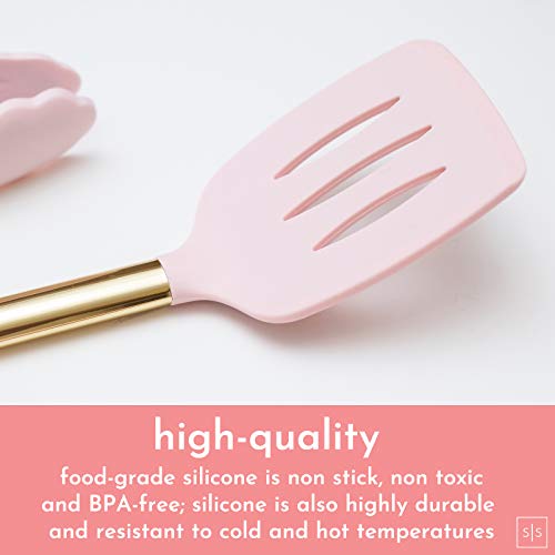 Styled Settings Gold and Pink Kitchen Utensil Set with Holder, 7-Piece | Nonstick Silicone Cooking Utensils Set with Gold Utensil Holder, White and Gold Kitchen Accessories for Modern Kitchens - color: 7 Piece Pink & Gold