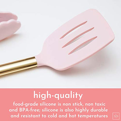 Styled Settings Gold and Pink Kitchen Utensil Set with Holder, 7-Piece | Nonstick Silicone Cooking Utensils Set with Gold Utensil Holder, White and Gold Kitchen Accessories for Modern Kitchens - color: 7 Piece Pink & Gold
