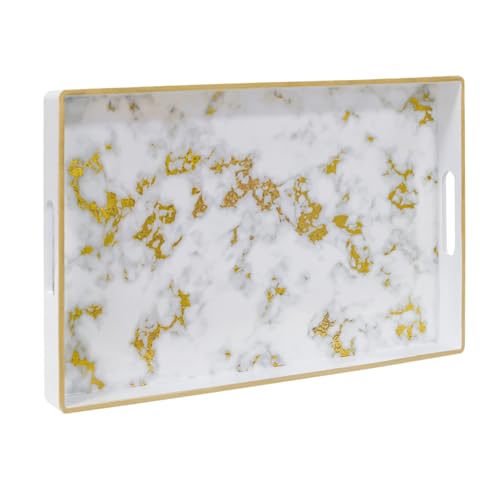 Plastic Serving Tray with Handles, Rectangle White Decorative Tray | Coffee Table Tray, Rectangular Marbling Sticker Tray, Modern Melamine Tray for Ottoman, Bathroom, 15.7"L x 10.2"W x 1.57"H - color: Rectangular - White, size: 15.7" x 10.2" x 1.6"