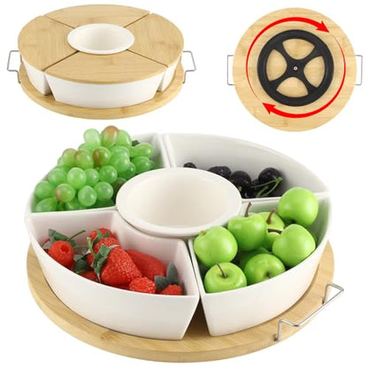 Taco Bar Serving Set for a Party, Veggie Tray Platter with Lid, Ceramic Lazy Susan Serving Tray with Divided Sections, Wooden Lids and Metal Handles, 360 Rotating Serving Set for Fruits Vegetable Dip