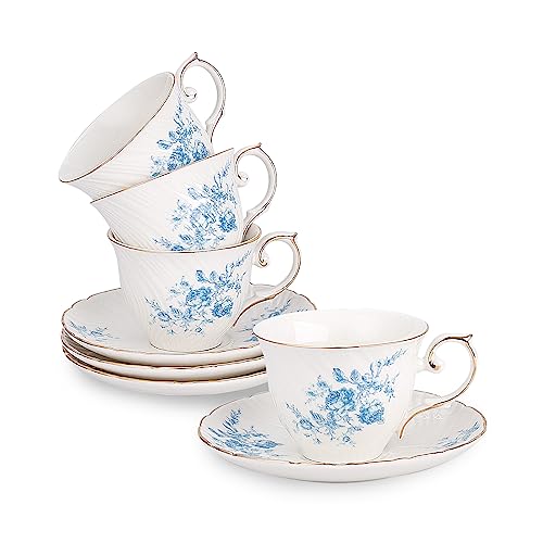 Agyiuns tea cups and saucers ceramic coffee mug 6oz for Coffee, Latte, Cafe Mocha and Tea-Set of 4,Blue - color: White with blue flowers