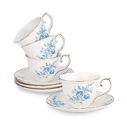 Agyiuns tea cups and saucers ceramic coffee mug 6oz for Coffee, Latte, Cafe Mocha and Tea-Set of 4,Blue - color: White with blue flowers