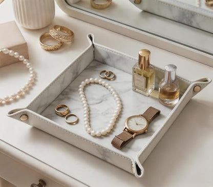 Valet Tray Desktop Storage Organizer – Vegan Leather Catchall Bedside Vanity Tray Nightstand Caddy Holder for Remote Controller, Watch, Keys, Phone, Wallet, Coin, Jewelry, Marble White - color: Marble White