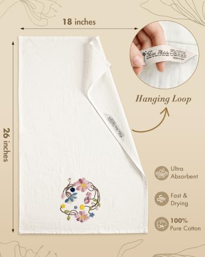 Embroidered Flour Sack Kitchen Towels, Watercolor Flowers | Exquisite Embroidery, Pure Cotton, Lightweight, Nostalgic Design, with Hanging Loop, Softer After Wash, Machine Washable - color: Watercolor Flower