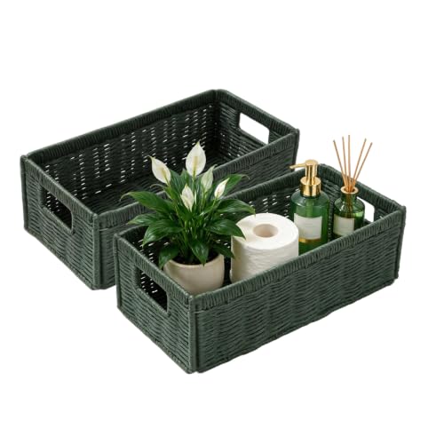 Paper Rope Wicker Baskets with Handles, Toilet Paper Basket for Toilet Tank Top, Small Wicke Baskets for Organizing Shelves (Green-2) - color: Green-2