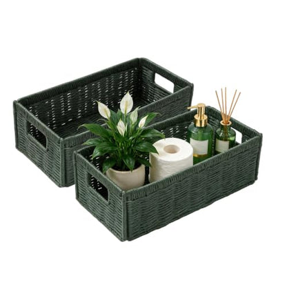 Paper Rope Wicker Baskets with Handles, Toilet Paper Basket for Toilet Tank Top, Small Wicke Baskets for Organizing Shelves (Green-2) - color: Green-2