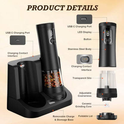 Flelano Electric Salt and Pepper Grinder Set, Automatic Refillable Salt and Pepper Shakers 2-Speed Setting with LED Light and 5 Adjustable Coarseness,Practical and Convenient Kitchen Gadgets,All-Black - color: All-Black