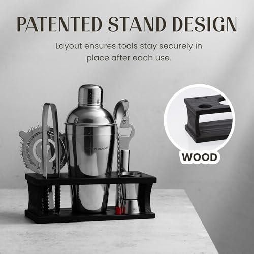 Cocktail Shaker Set - Bartender Kit with Pine Stand | Leak-Proof Design | Includes Martini Shaker, Jigger, Strainer, Spoon, Tongs | Perfect Bar Tools Gift for Home Mixology (Silver) - color: Silver / Dark Stand, size: 8 Pieces