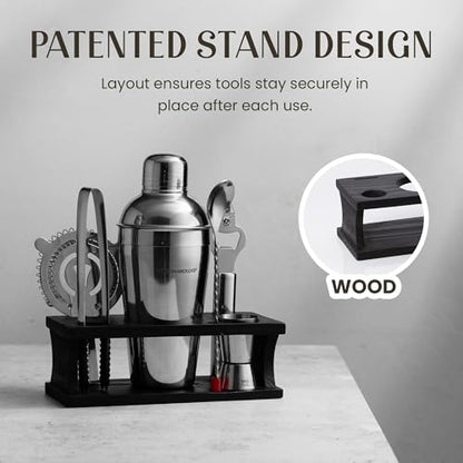 Cocktail Shaker Set - Bartender Kit with Pine Stand | Leak-Proof Design | Includes Martini Shaker, Jigger, Strainer, Spoon, Tongs | Perfect Bar Tools Gift for Home Mixology (Silver) - color: Silver / Dark Stand, size: 8 Pieces