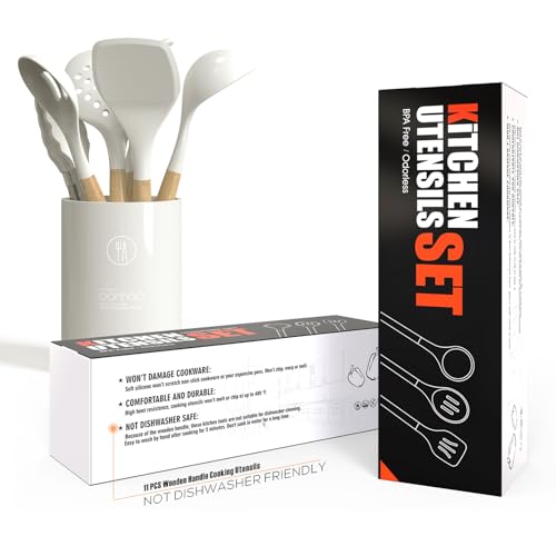 oannao Silicone Cooking Utensils Set - 446°F Heat Resistant Silicone Kitchen Utensils for Cooking,Kitchen Utensil Spatula Set w Wooden Handles for Non-Stick Cookware, BPA FREE (Cream White) - color: Cream White