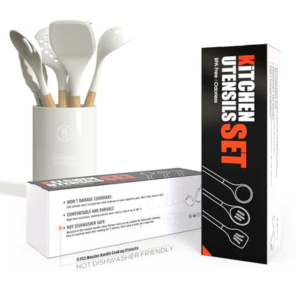 oannao Silicone Cooking Utensils Set - 446°F Heat Resistant Silicone Kitchen Utensils for Cooking,Kitchen Utensil Spatula Set w Wooden Handles for Non-Stick Cookware, BPA FREE (Cream White) - color: Cream White