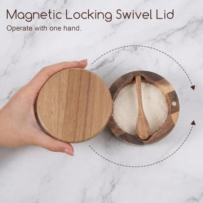 Grevosea Salt Cellar, Acacia Wood Salt Container with Swivel Magnetic Lid | Elegant Kitchen Salt Container Holder for Pepper Spice Bath Salt Sea SaltStorage, 360° Rotating Countertop Box 6oz