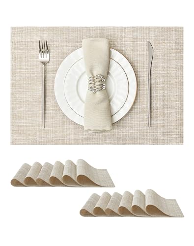 Leetaltree Woven Vinyl Placemats Set of 12,Beige and Gold | High Density，Stain Resistant, Easy to Clean, Washable Table Mats for Indoor Dining and Outdoor Patio - color: Z0- Beige and Gold, size: Set of 12