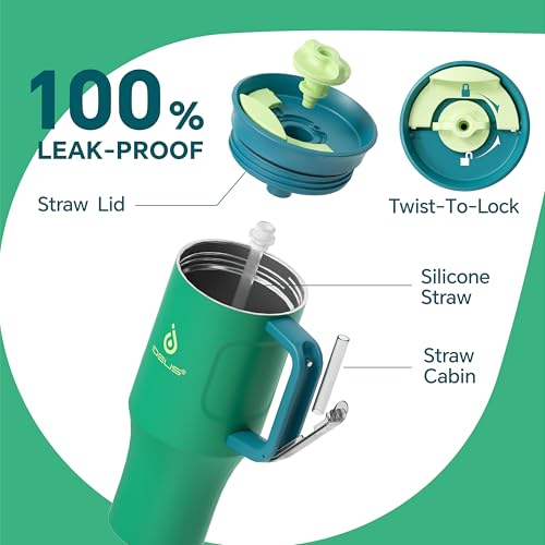 Ideus 32 oz Tumbler with Handle and Straw, 100% Leak Proof Dual Wall Vacuum Insulated Stainless Steel Travel Mug, Cup Holder Friendly, Olive Green - color: Olive Green