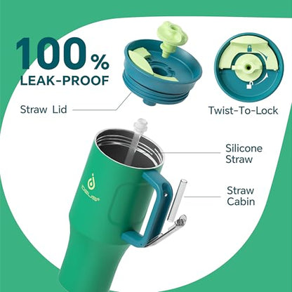 Ideus 32 oz Tumbler with Handle and Straw, 100% Leak Proof Dual Wall Vacuum Insulated Stainless Steel Travel Mug, Cup Holder Friendly, Olive Green - color: Olive Green