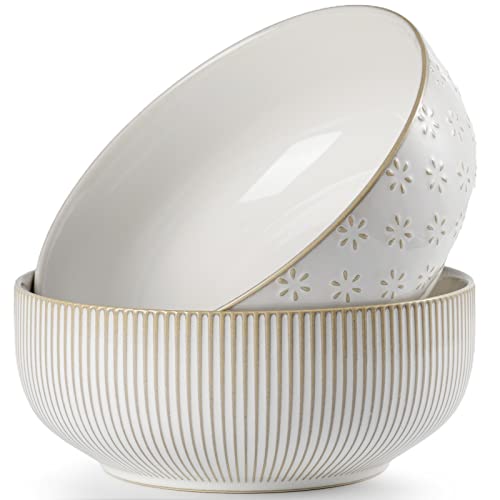 getstar Large Serving Bowls (8 inch & 60 fl oz), Ceramic Salad Bowl Set of 2, Microwave and Dishwasher Safe, Farmhouse Kitchen Decorative Bowls Set (Embossed Stripes & Stars) - color: Embossed Stripes & Stars, size: 8"