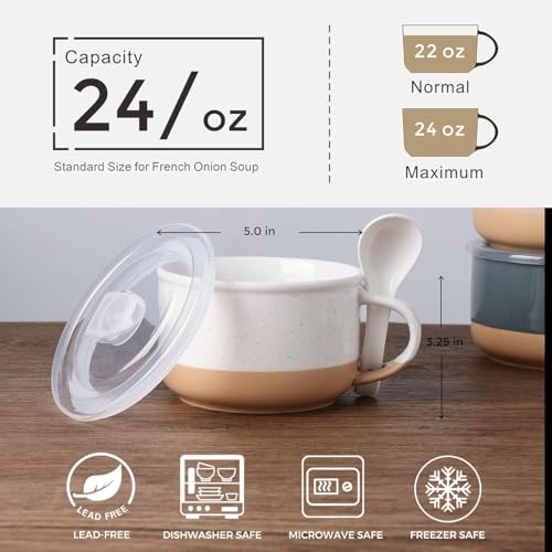 GBhome Ceramic Soup Mugs with Handles and Lids,24 OZ Soup Cups Set of 2 | Terracotta Underside,Mug Bowls with Spoon for Soup/Cereal/Salad/Noodles/Ramen/Microware &Dishwasher Safe - color: White & Orange