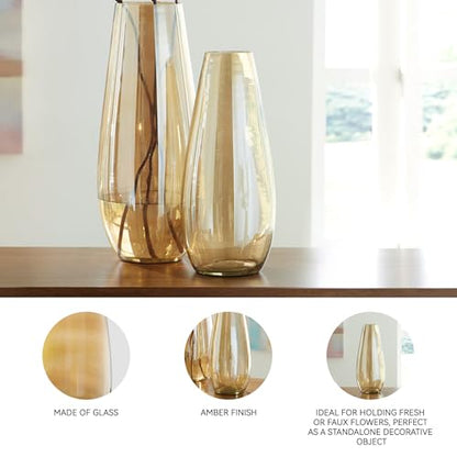Signature Design by Ashley Rhettman 15.5" Contemporary Amber Glass Vase | High-transparency solid glass construction, Heavy 4 lb base for stable tall branch display, Indoor and outdoor use - size: 6.5" W x 6.5" D x 16" H