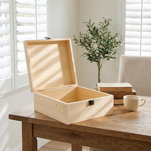 9x9x4 Unfinished Wooden Box with Hinged Lid for DIY Crafts | Natural Poplar Wood, perfect for memory keepsake storage and personalized gift making