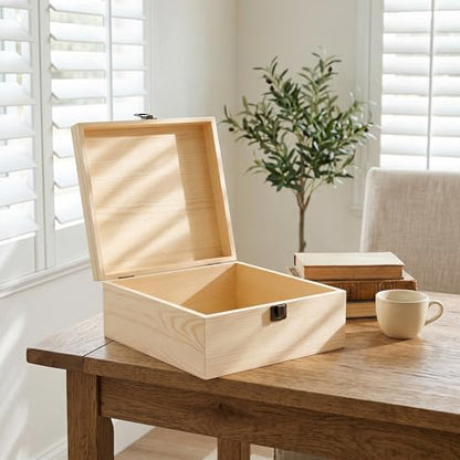 9x9x4 Unfinished Wooden Box with Hinged Lid for DIY Crafts | Natural Poplar Wood, perfect for memory keepsake storage and personalized gift making