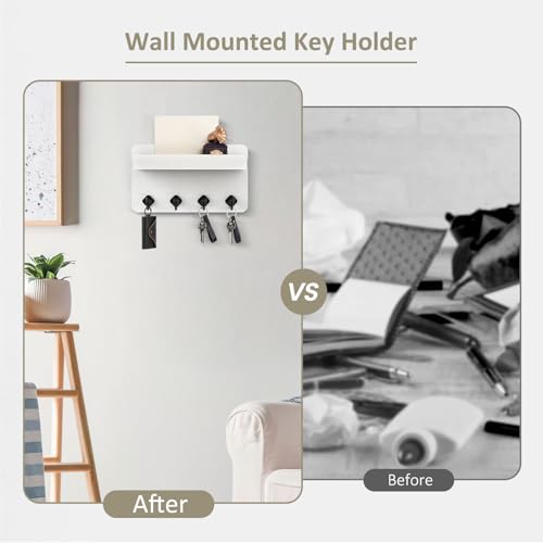 Nekon Key Holder Wall Mount, 8.5 Inch Small Wooden Wall Organizer, White | Rustic Wall Shelf, Farmhouse Key and Mail Holder for Living Room Entryway Kitchen - color: White
