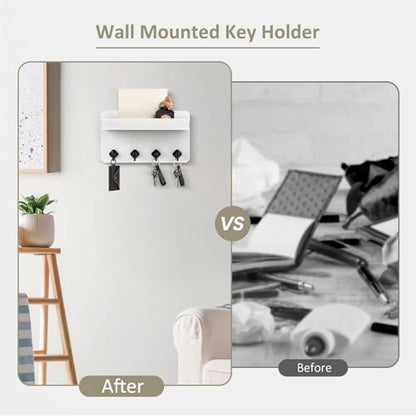 Nekon Key Holder Wall Mount, 8.5 Inch Small Wooden Wall Organizer, White | Rustic Wall Shelf, Farmhouse Key and Mail Holder for Living Room Entryway Kitchen - color: White