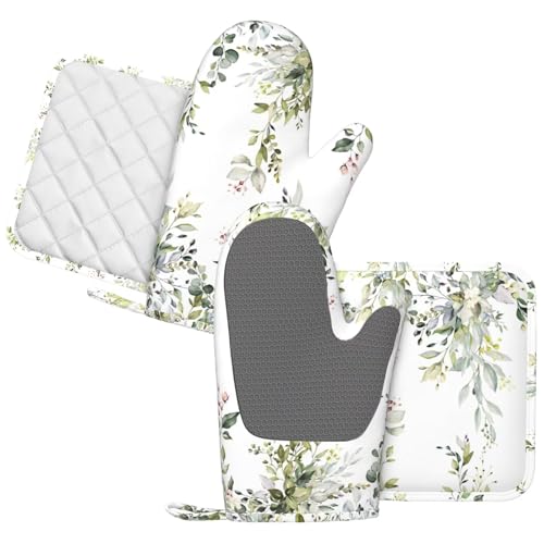 Sage Green Eucalyptus Oven Mitts and Pot Holders Sets Silicone Watercolor Butterfly Leaves Kitchen Mitts Potholders Heat Resistant 4Pcs Oven Gloves Hot Pads for Kitchen Baking Cooking - color: Green Eucalyptus