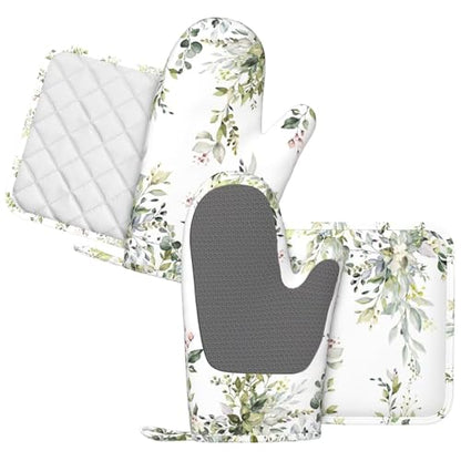 Sage Green Eucalyptus Oven Mitts and Pot Holders Sets Silicone Watercolor Butterfly Leaves Kitchen Mitts Potholders Heat Resistant 4Pcs Oven Gloves Hot Pads for Kitchen Baking Cooking - color: Green Eucalyptus